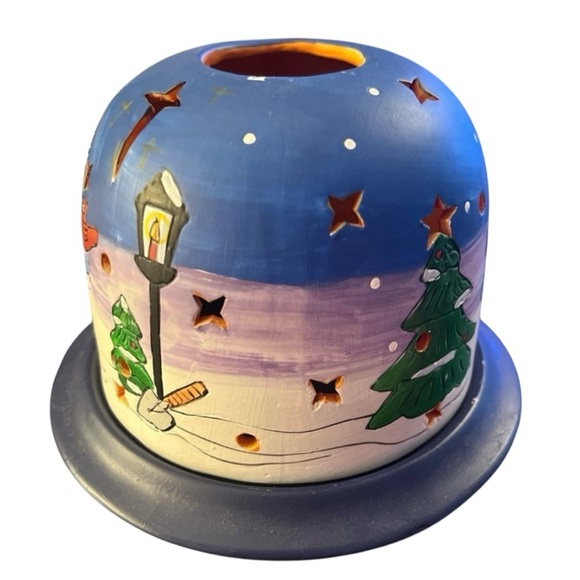 Vintage Starry Night Snowman Tea Light Votive Candle Holder Blue Ceramic - Picture 2 of 12